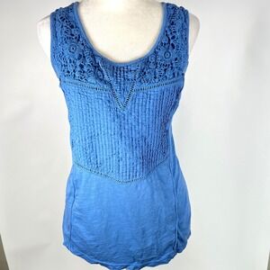 RuffHewn‎ Womens Blue Cotton Crochet Lace Pintuck Sleeveless Tank Top Large